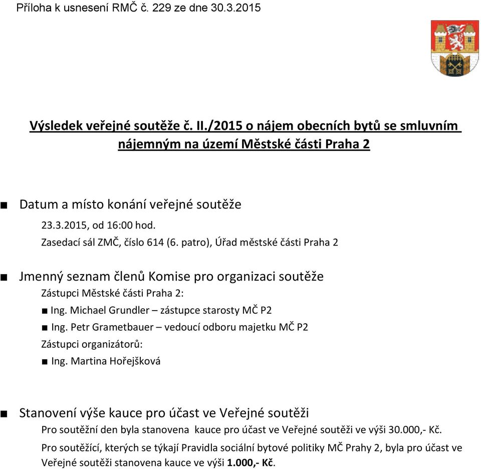 Michael Grundler zástupce starosty MČ P2 Ing. Petr Grametbauer vedoucí odboru majetku MČ P2 Zástupci organizátorů: Ing.