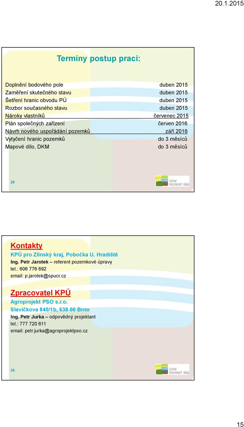 měsíců do 3 měsíců 29 Kontakty KPÚ pro Zlínský kraj, Pobočka U. Hradiště Ing. Petr Jarotek referent pozemkové úpravy tel.: 606 776 692 email: p.jarotek@spucr.