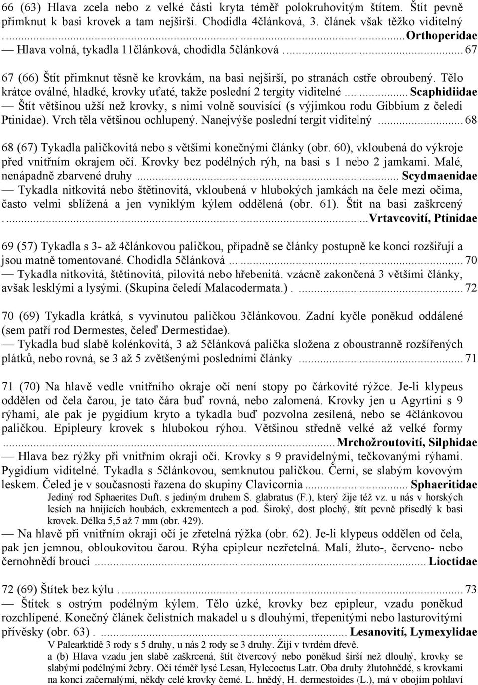 Tělo krátce oválné, hladké, krovky uťaté, takže poslední 2 tergity viditelné... Scaphidiidae Štít většinou užší než krovky, s nimi volně souvisící (s výjimkou rodu Gibbium z čeledi Ptinidae).