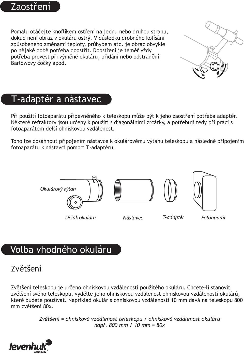 T-adaptér a nástavec Při použití fotoaparátu připevněného k teleskopu může být k jeho zaostření potřeba adaptér.