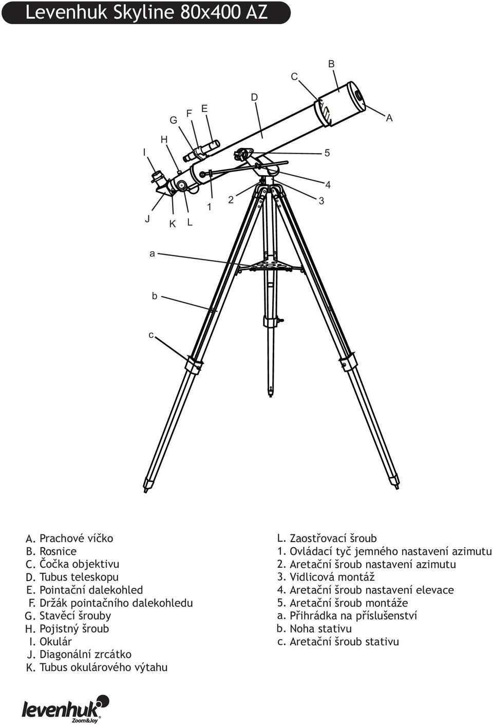 Diagonální zrcátko K. Tubus okulárového výtahu L. Zaostřovací šroub 1. Ovládací tyč jemného nastavení azimutu 2.
