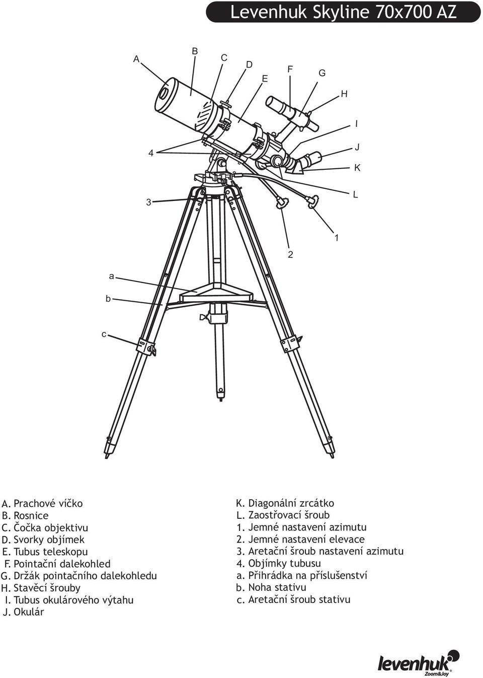 Tubus okulárového výtahu J. Okulár K. Diagonální zrcátko L. Zaostřovací šroub 1. Jemné nastavení azimutu 2.