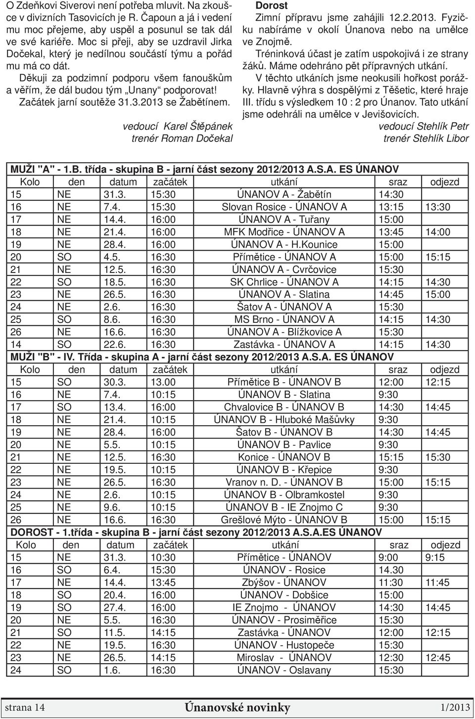 Začátek jarní soutěže 31.3.2013 se Žabětínem. vedoucí Karel Štěpánek trenér Roman Dočekal Dorost Zimní přípravu jsme zahájili 12.2.2013. Fyzičku nabíráme v okolí Únanova nebo na umělce ve Znojmě.