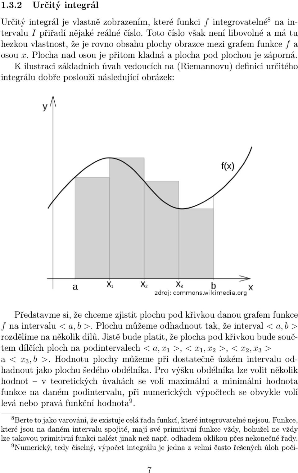 K ilustraci základních úvah vedoucích na (Riemannovu) definici určitého integrálu dobře poslouží následující obrázek: Představme si, že chceme zjistit plochu pod křivkou danou grafem funkce f na