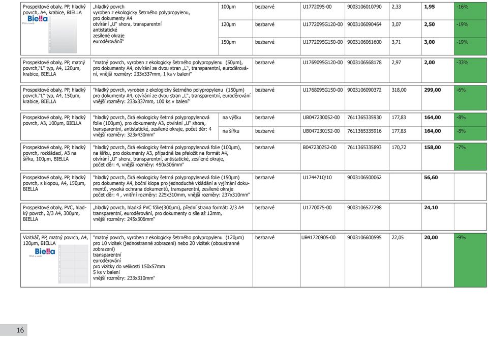 obaly, PP, matný povrch, L typ, A4, 120µm, krabice, BIELLA "matný povrch, vyroben z ekologicky šetrného polypropylenu (50µm), pro dokumenty A4, otvírání ze dvou stran L, transparentní, euroděrování,