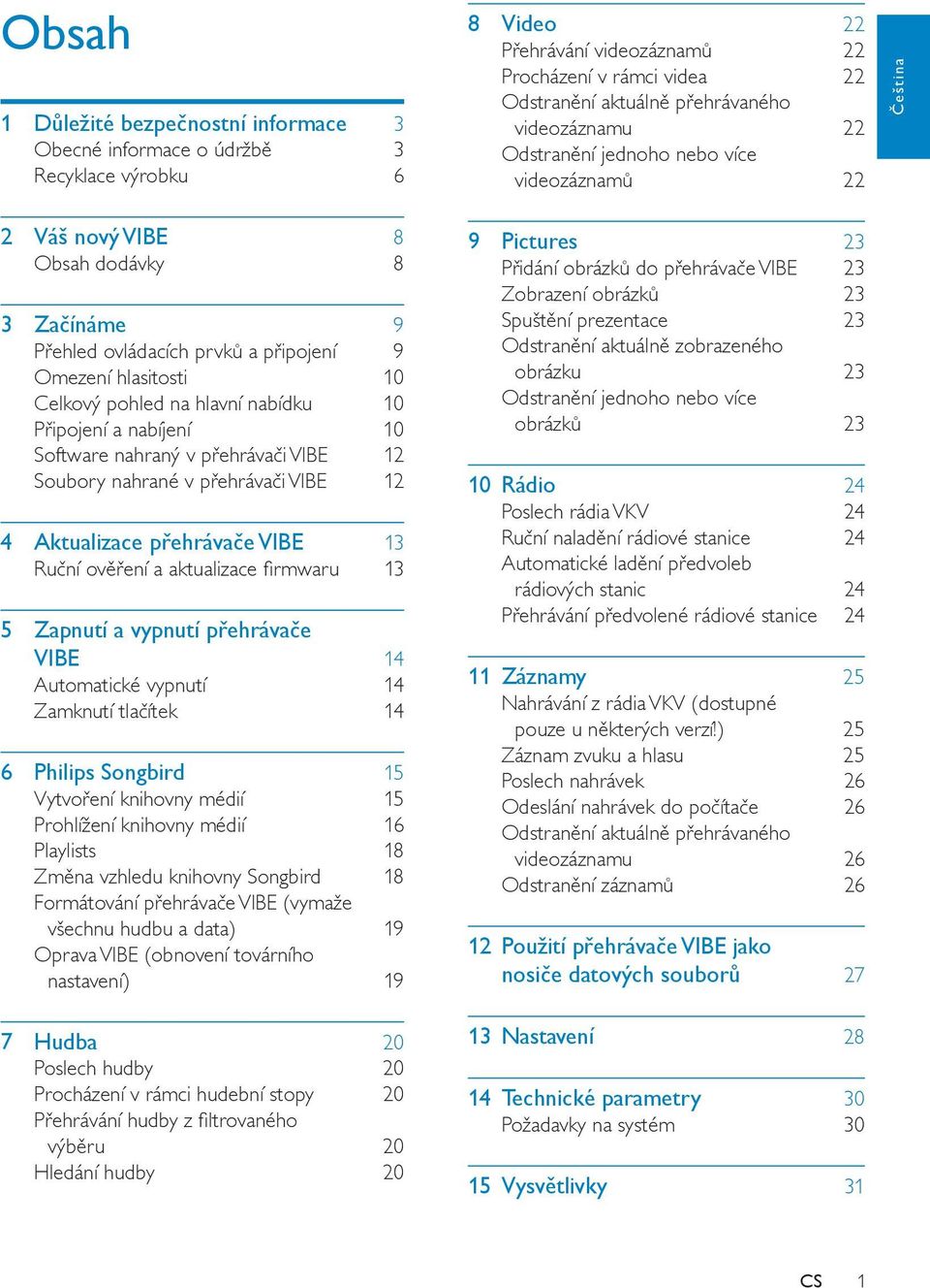 hlavní nabídku 10 Připojení a nabíjení 10 Software nahraný v přehrávači VIBE 12 Soubory nahrané v přehrávači VIBE 12 4 Aktualizace přehrávače VIBE 13 Ruční ověření a aktualizace firmwaru 13 5 Zapnutí