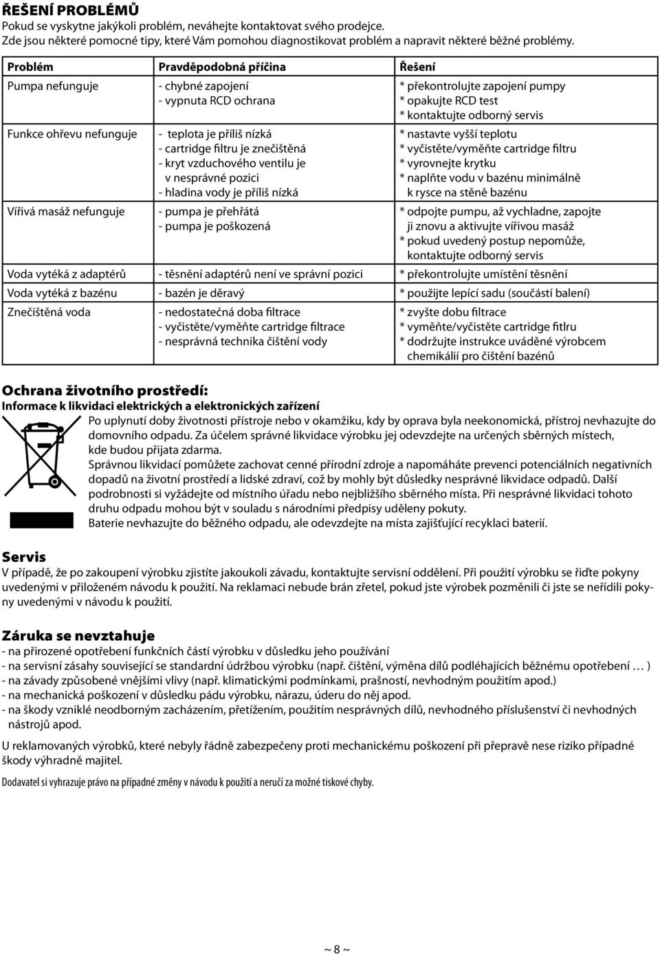 Vířivá masáž nefunguje - teplota je příliš nízká - cartridge filtru je znečištěná - kryt vzduchového ventilu je v nesprávné pozici - hladina vody je příliš nízká - pumpa je přehřátá - pumpa je