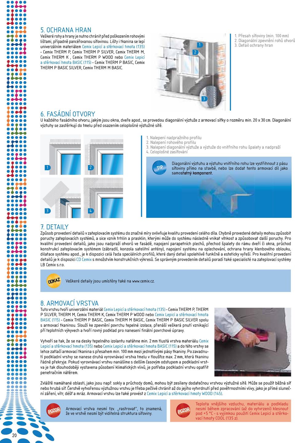 stěrkovací hmota BASIC (115) - Cemix THERM P BASIC, Cemix THERM P BASIC SILVER, Cemix THERM M BASIC. 2 1 1. Přesah síťoviny (min. 100 mm) 2. Diagonální zpevnění rohů otvorů 3. Detail ochrany hran 6.