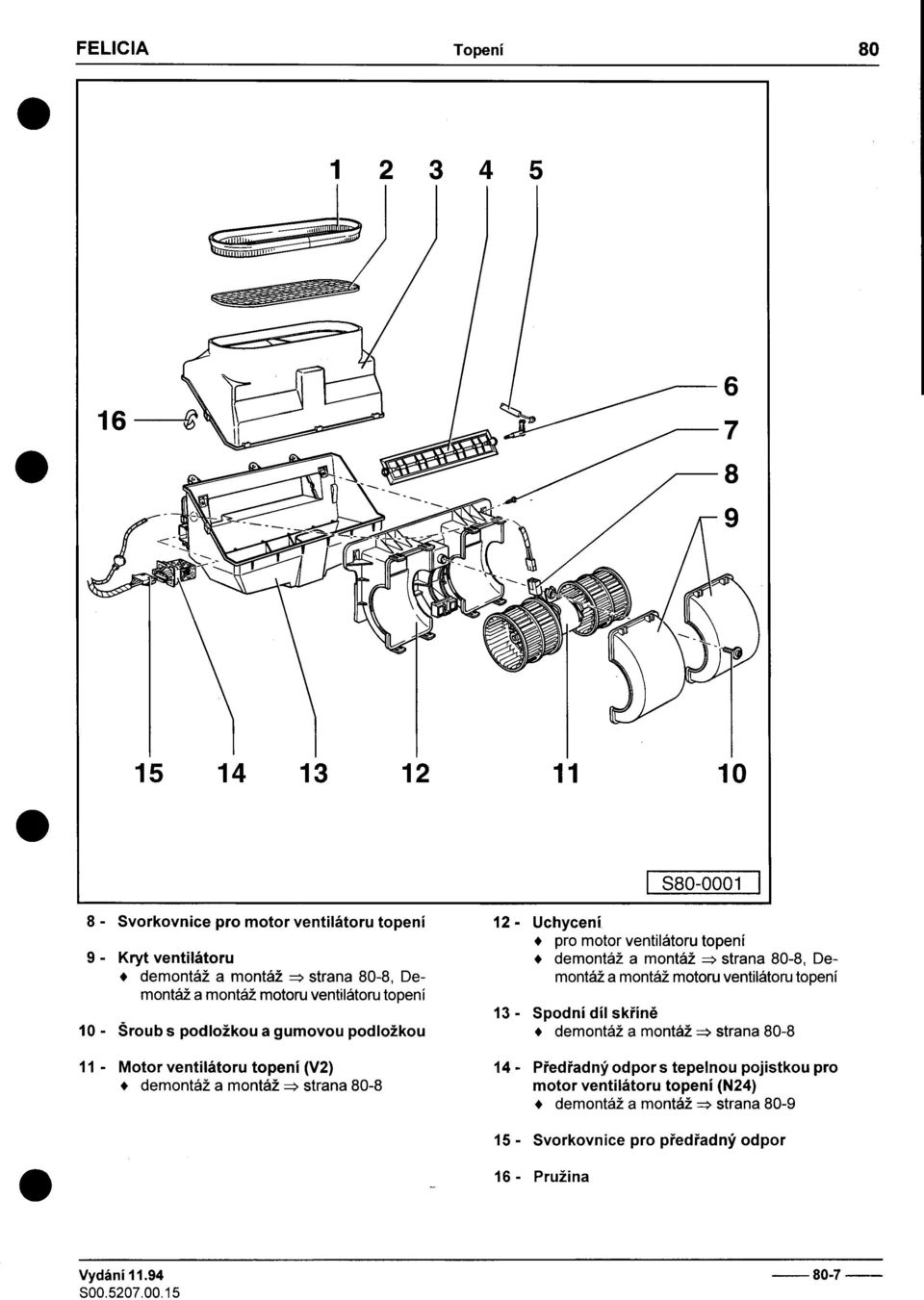 -Spodní díl skøínì 10 -Šroub s podložkou a gumovou podložkou + demontáž a montáž ~ strana 80-8 11 -Motor ventilátoru topení (V2) 14 -Pøedøadný odpors tepelnou pojistkou