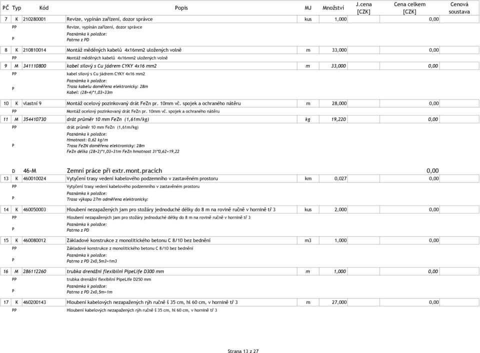 oznámka k položce: Trasa kabelu doměřena elektronicky: 28m Kabel: (28+4)*1,03=33m 10 K vlastní 9 Montáž ocelový pozinkovaný drát FeZn pr. 10mm vč.