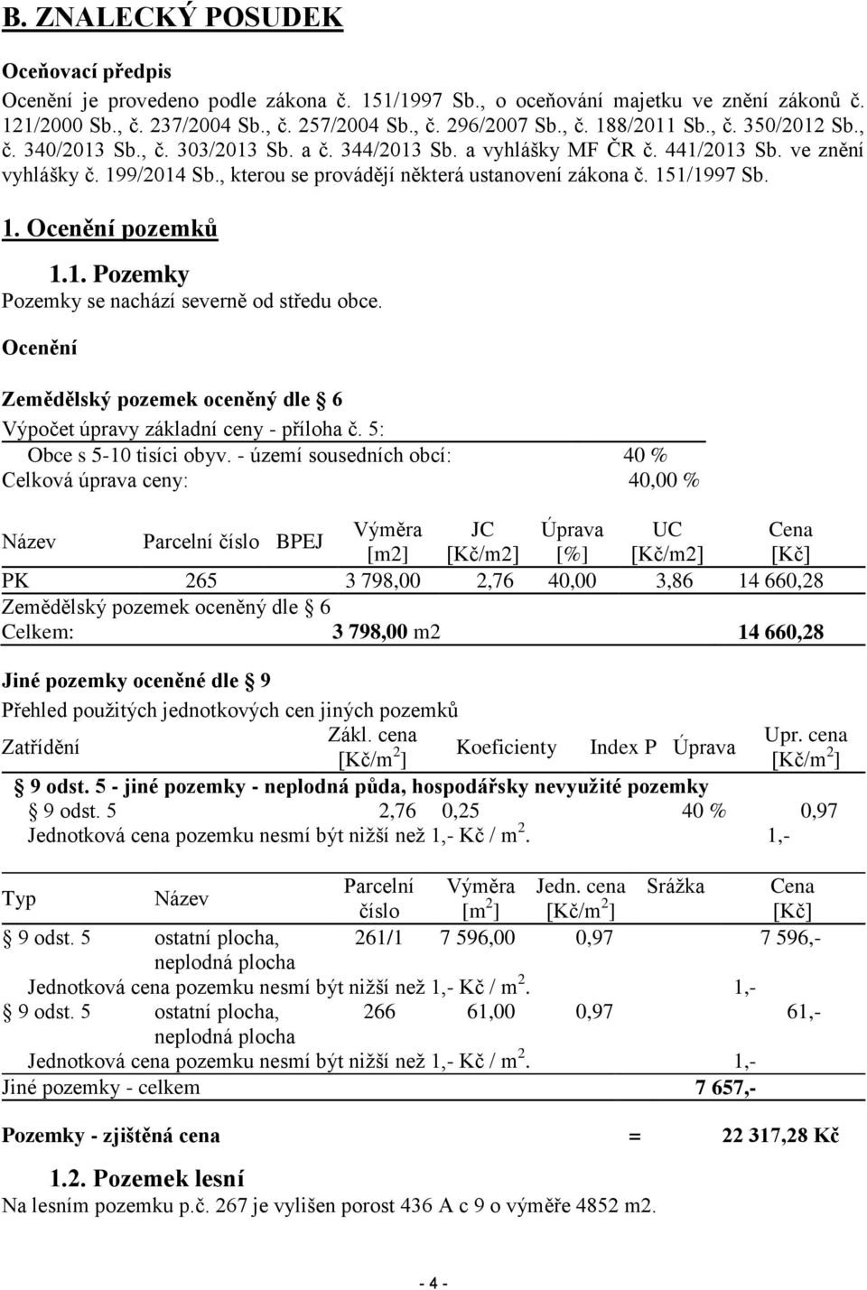 1. Ocenění pozemků 1.1. Pozemky Pozemky se nachází severně od středu obce. Ocenění Zemědělský pozemek oceněný dle 6 Výpočet úpravy základní ceny - příloha č. 5: Obce s 5-10 tisíci obyv.