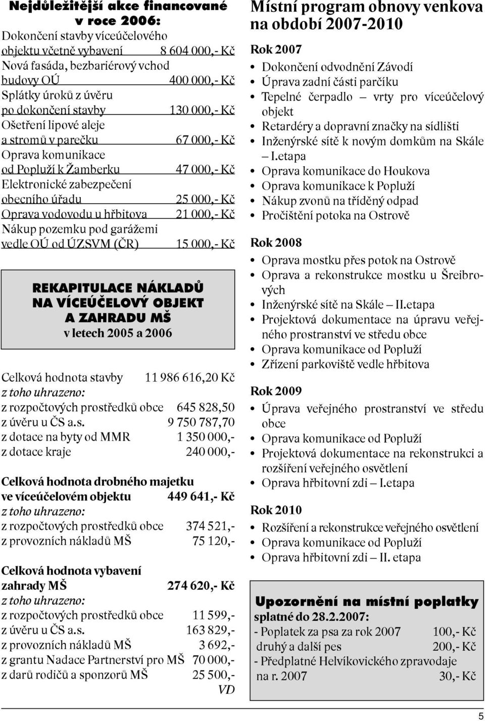 vodovodu u hřbitova 21 000,- Kč Nákup pozemku pod garážemi vedle OÚ od ÚZSVM (ČR) 15 000,- Kč REKAPITULACE NÁKLADŮ NA VÍCEÚČELOVÝ OBJEKT A ZAHRADU MŠ v letech 2005 a 2006 Celková hodnota stavby 11