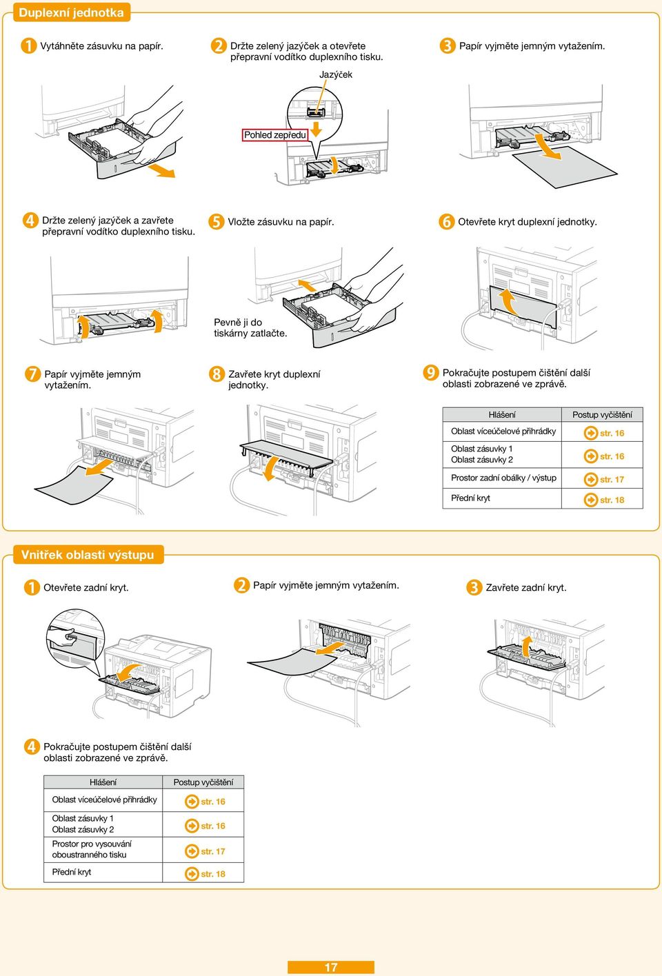 Papír vyjměte jemným vytažením. Zavřete kryt duplexní jednotky. Pokračujte postupem čištění další oblasti zobrazené ve zprávě. Hlášení Postup vyčištění Oblast víceúčelové přihrádky str.