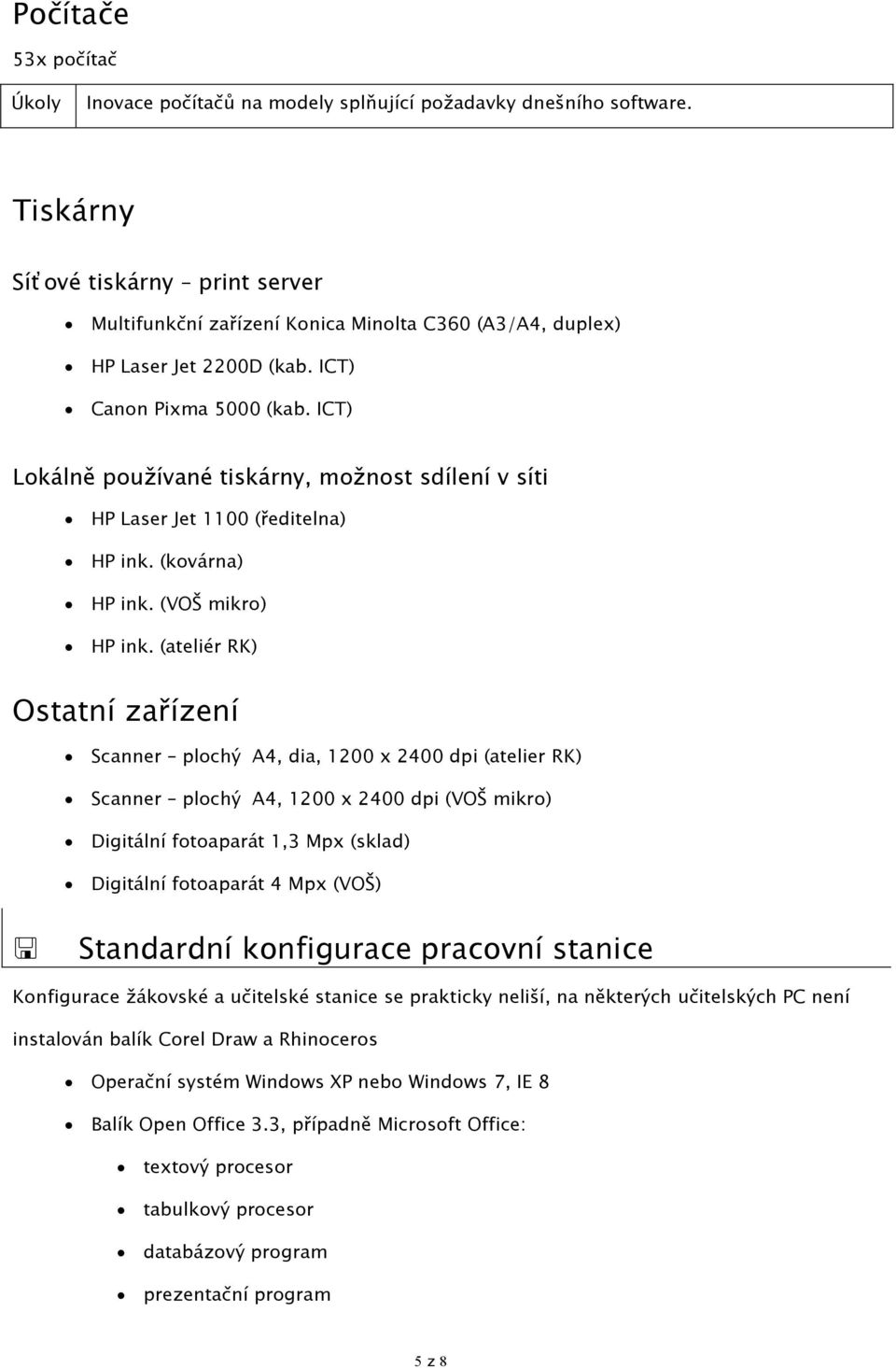 ICT) Lokálně používané tiskárny, možnost sdílení v síti HP Laser Jet 1100 (ředitelna) HP ink. (kovárna) HP ink. (VOŠ mikro) HP ink.