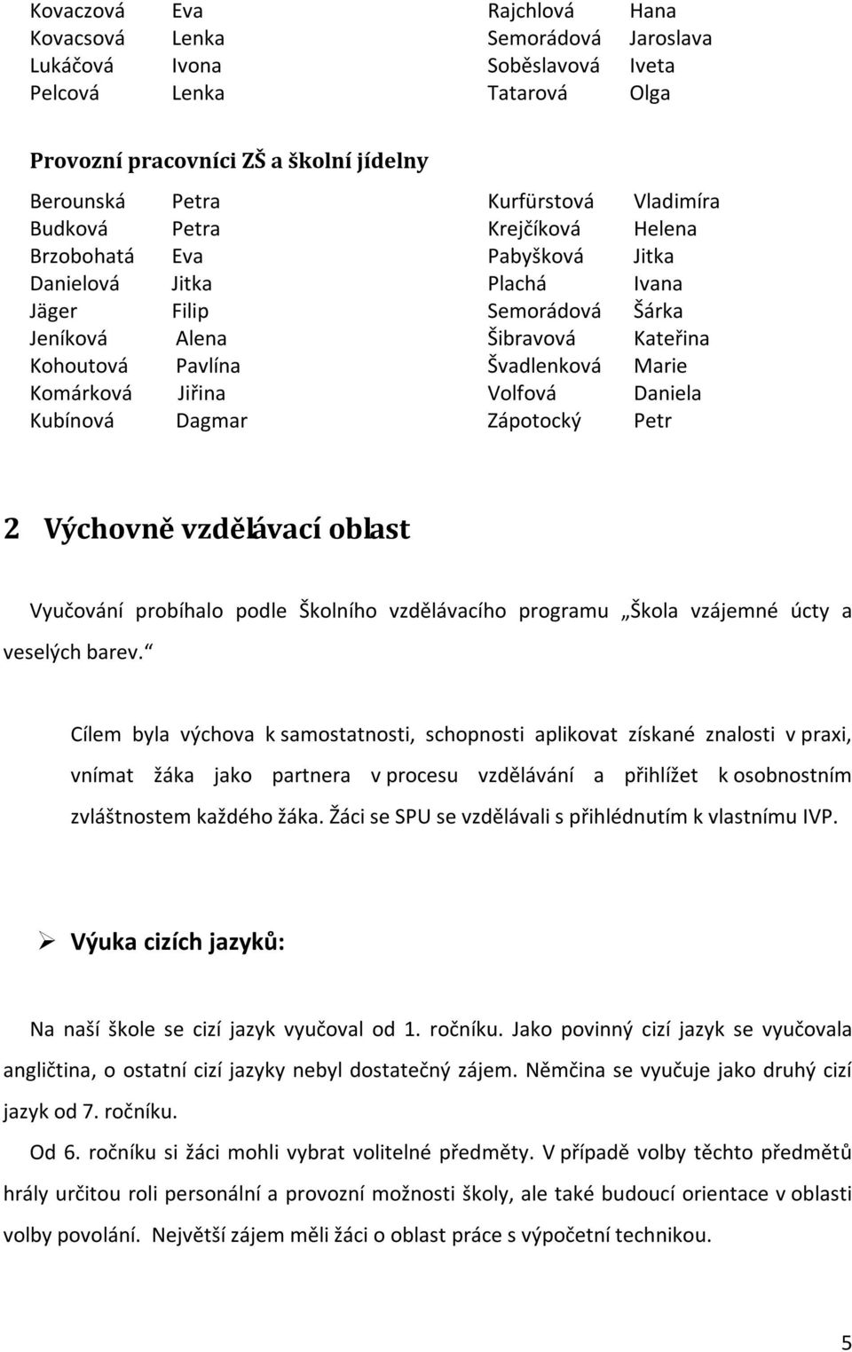 Šibravová Kateřina Švadlenková Marie Volfová Daniela Zápotocký Petr 2 Výchovně vzdělávací oblast Vyučování probíhalo podle Školního vzdělávacího programu Škola vzájemné úcty a veselých barev.