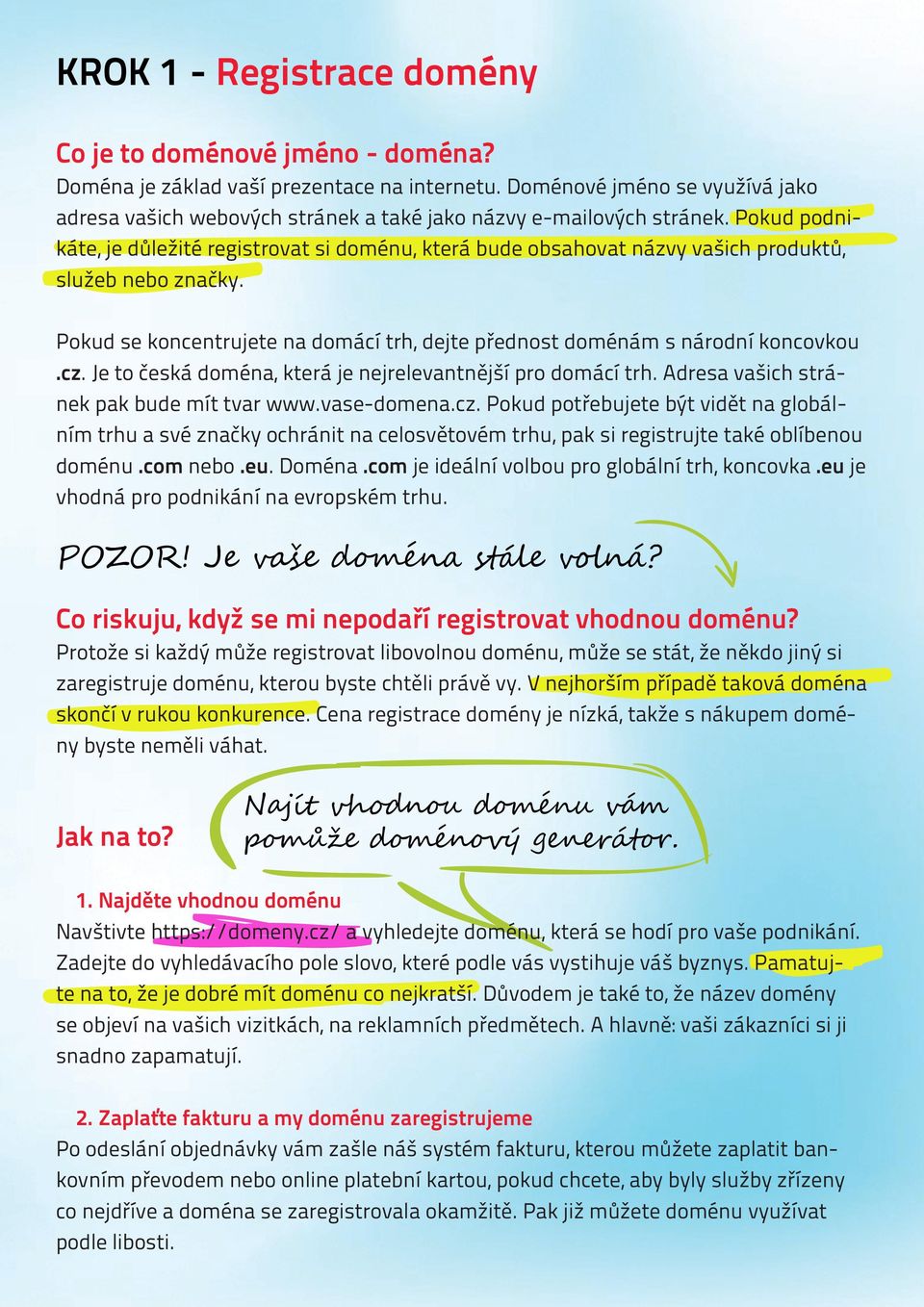 Pokud podnikáte, je důležité registrovat si doménu, která bude obsahovat názvy vašich produktů, služeb nebo značky. Pokud se koncentrujete na domácí trh, dejte přednost doménám s národní koncovkou.cz.