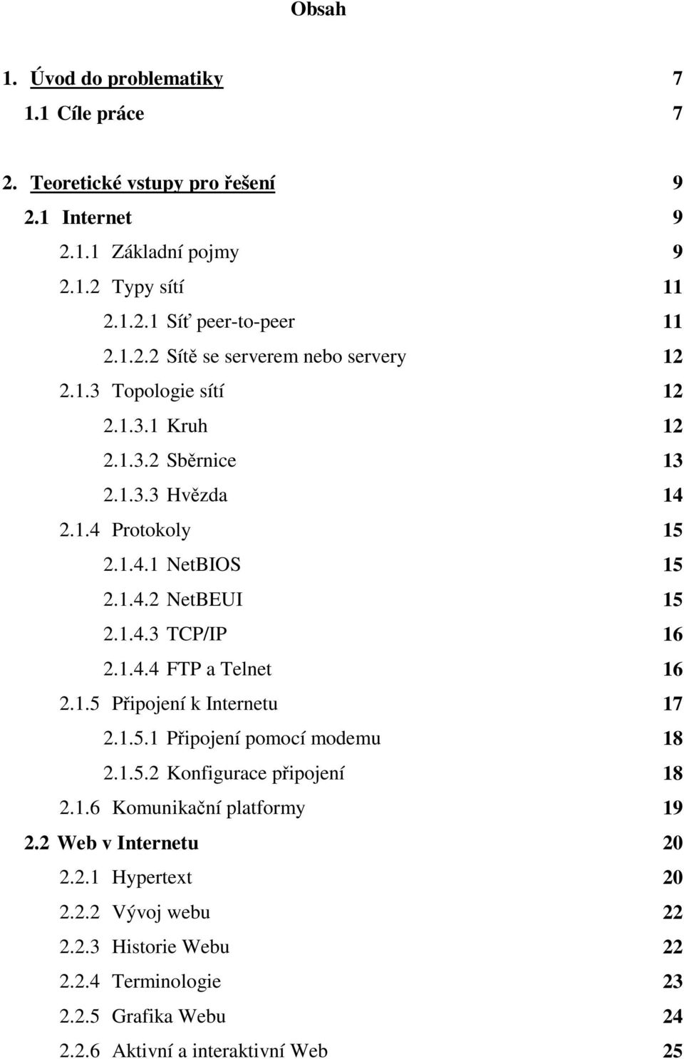 1.5.1 Připojení pomocí modemu 2.1.5.2 Konfigurace připojení 2.1.6 Komunikační platformy 2.2 Web v Internetu 2.2.1 Hypertext 2.2.2 Vývoj webu 2.2.3 Historie Webu 2.2.4 Terminologie 2.