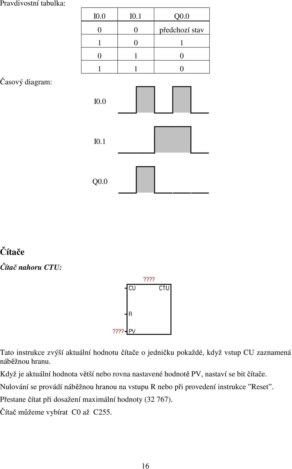 0 Čítače Čítač nahoru CTU: Tato instrukce zvýší aktuální hodnotu čítače o jedničku pokaždé, když vstup CU zaznamená náběžnou