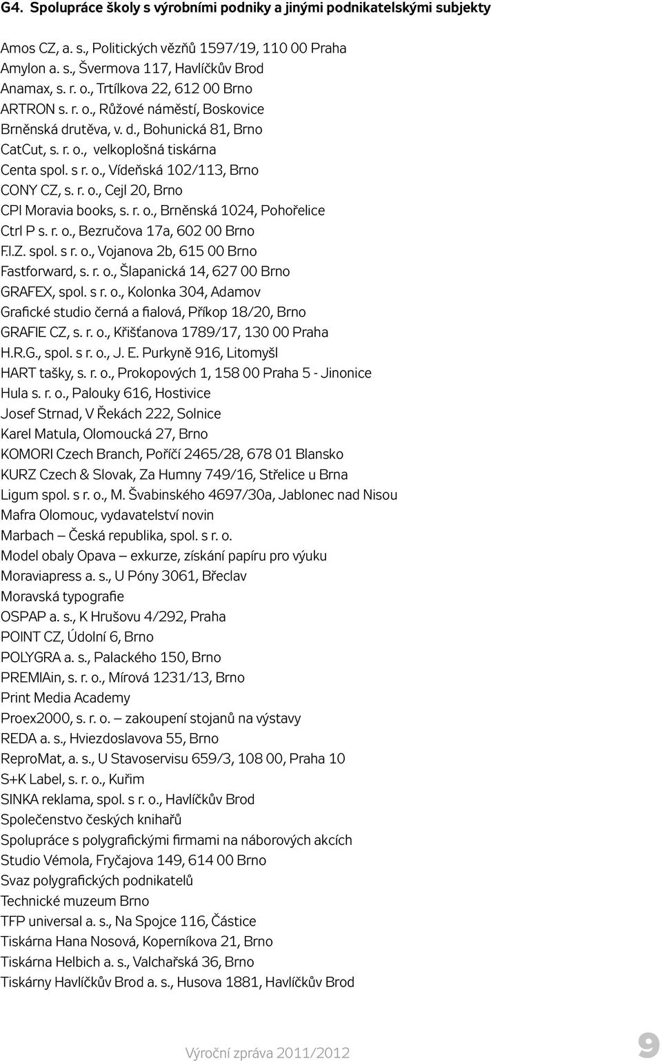 r. o., Cejl 20, Brno CPI Moravia books, s. r. o., Brněnská 1024, Pohořelice Ctrl P s. r. o., Bezručova 17a, 602 00 Brno F.I.Z. spol. s r. o., Vojanova 2b, 615 00 Brno Fastforward, s. r. o., Šlapanická 14, 627 00 Brno GRAFEX, spol.