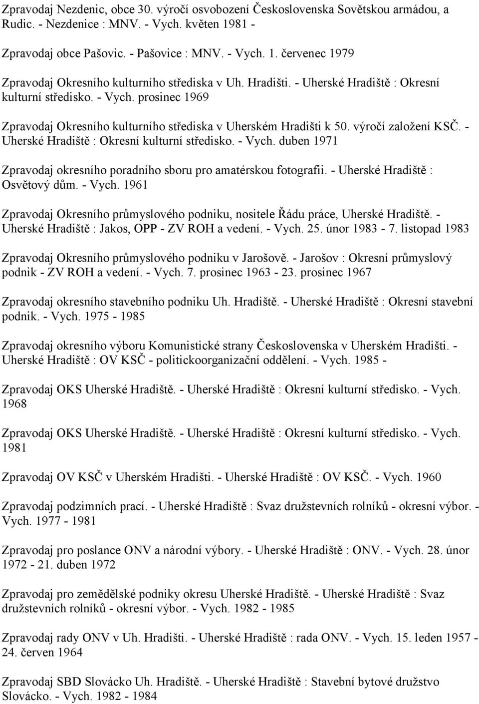 - Uherské Hradiště : Okresní kulturní středisko. - Vych. duben 1971 Zpravodaj okresního poradního sboru pro amatérskou fotografii. - Uherské Hradiště : Osvětový dům. - Vych. 1961 Zpravodaj Okresního průmyslového podniku, nositele Řádu práce, Uherské Hradiště.