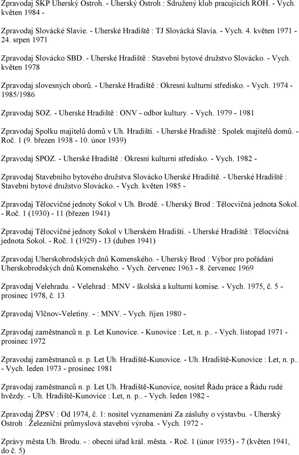 - Uherské Hradiště : ONV - odbor kultury. - Vych. 1979-1981 Zpravodaj Spolku majitelů domů v Uh. Hradišti. - Uherské Hradiště : Spolek majitelů domů. - Roč. 1 (9. březen 1938-10.