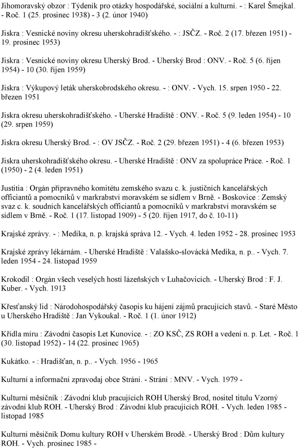 říjen 1959) Jiskra : Výkupový leták uherskobrodského okresu. - : ONV. - Vych. 15. srpen 1950-22. březen 1951 Jiskra okresu uherskohradišťského. - Uherské Hradiště : ONV. - Roč. 5 (9.