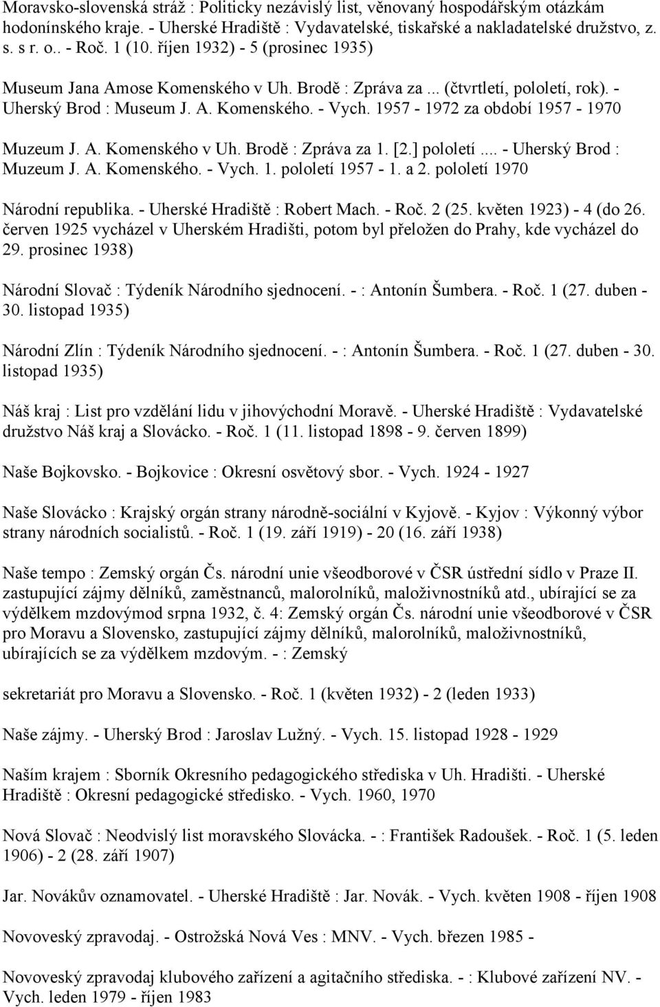 1957-1972 za období 1957-1970 Muzeum J. A. Komenského v Uh. Brodě : Zpráva za 1. [2.] pololetí... - Uherský Brod : Muzeum J. A. Komenského. - Vych. 1. pololetí 1957-1. a 2.