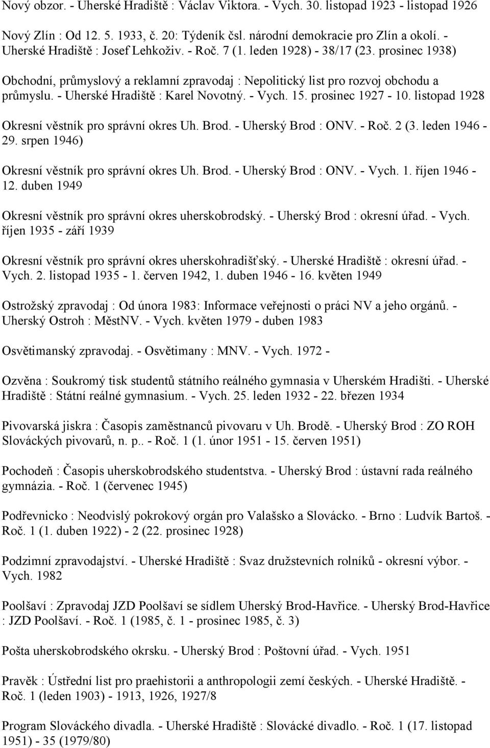 - Uherské Hradiště : Karel Novotný. - Vych. 15. prosinec 1927-10. listopad 1928 Okresní věstník pro správní okres Uh. Brod. - Uherský Brod : ONV. - Roč. 2 (3. leden 1946-29.