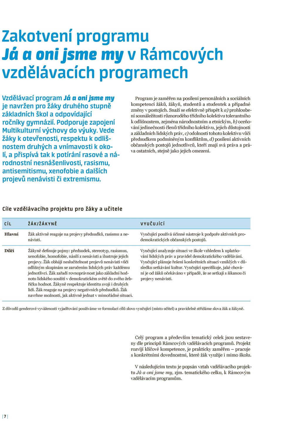 Vede žáky k otevřenosti, respektu k odlišnostem druhých a vnímavosti k okolí, a přispívá tak k potírání rasové a národnostní nesnášenlivosti, rasismu, antisemitismu, xenofobie a dalších projevů