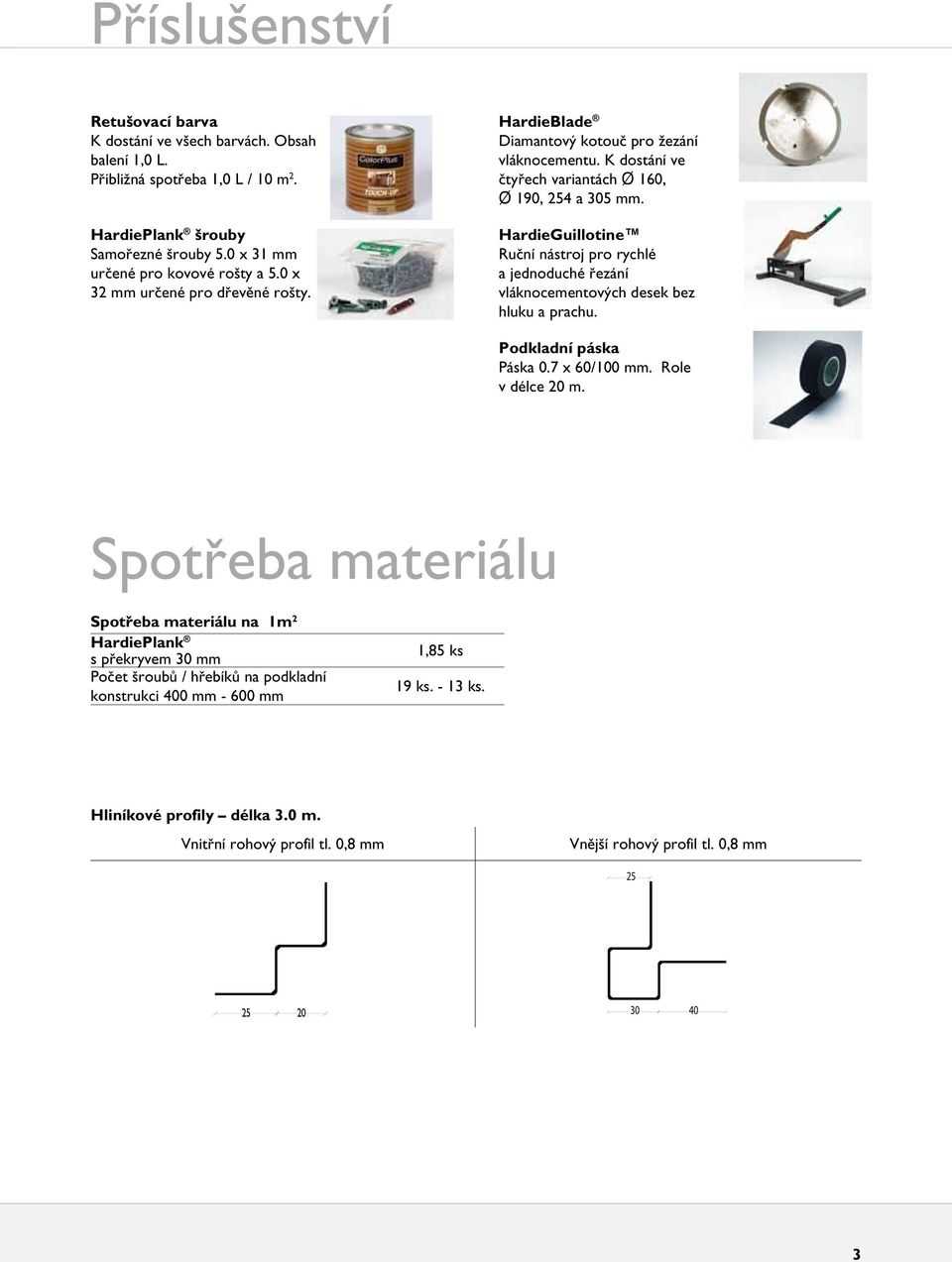 HardieGuillotine Ruční nástroj pro rychlé a jednoduché řezání vláknocementových desek bez hluku a prachu. Podkladní páska Páska 0.7 x 60/100 mm. Role v délce 20 m.