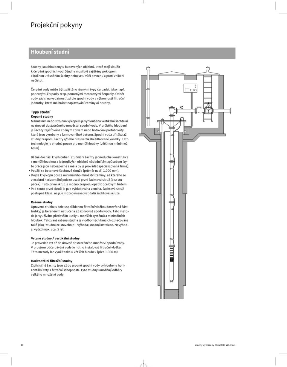 ponornými motorovými čerpadly. Odběr vody závisí na vydatnosti zdroje spodní vody a výkonnosti filtrační jednotky, která má bránit naplavování zeminy až studny.