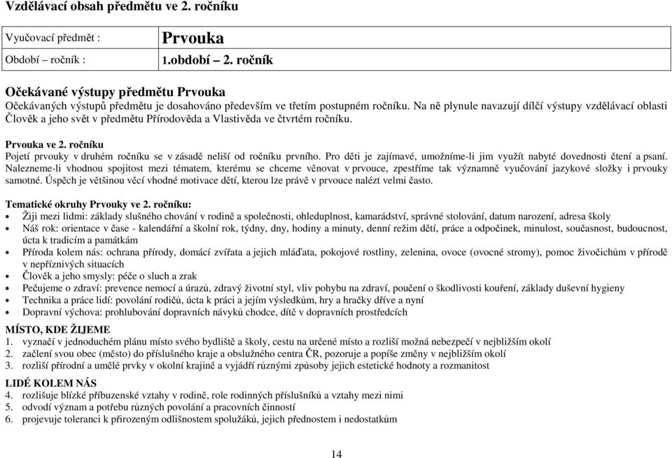 Na ně plynule navazují dílčí výstupy vzdělávací oblasti Člověk a jeho svět v předmětu Přírodověda a Vlastivěda ve čtvrtém ročníku. Prvouka ve 2.