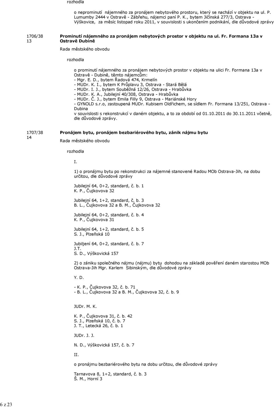 ul. Fr. Formn 13 v Ostrvě Dubině o prominutí nájemného z pronájem nebytových prostor v objektu n ulici Fr. Formn 13 v Ostrvě - Dubině, těmto nájemcům: - Mgr. E. D., bytem Řdová 474, Krmelín - MUDr. K. I.