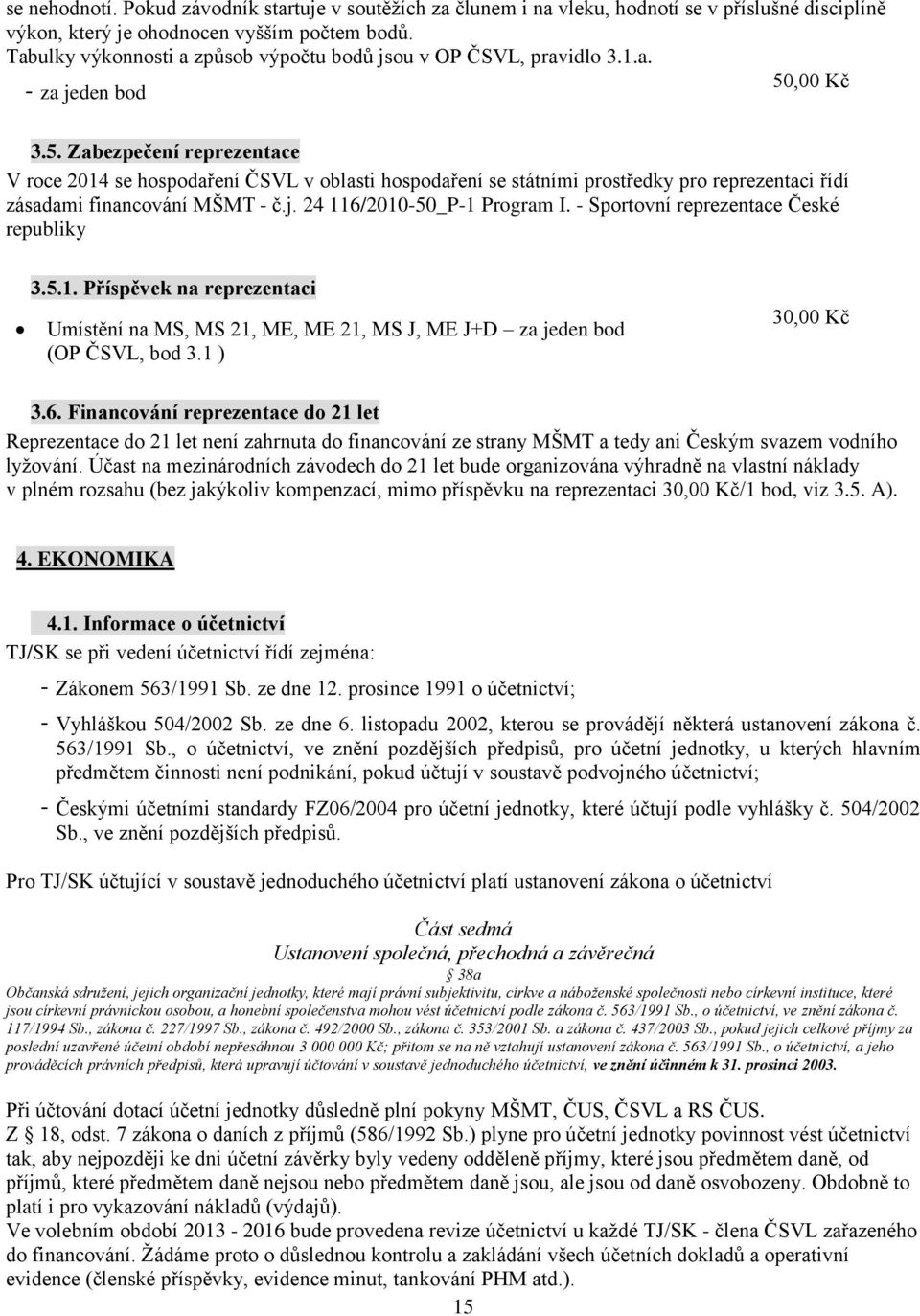 ,00 Kč - za jeden bod 3.5. Zabezpečení reprezentace V roce 2014 se hospodaření ČSVL v oblasti hospodaření se státními prostředky pro reprezentaci řídí zásadami financování MŠMT - č.j. 24 116/2010-50_P-1 Program I.