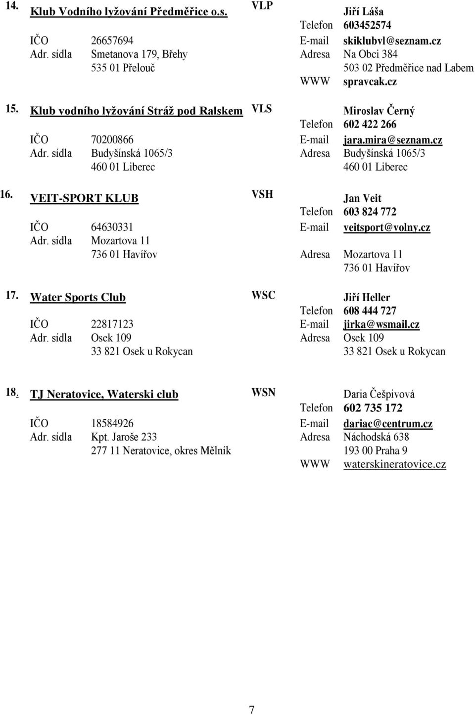 sídla 70200866 Budyšínská 1065/3 Adresa jara.mira@seznam.cz Budyšínská 1065/3 460 01 Liberec 460 01 Liberec 16. VEIT-SPORT KLUB VSH Jan Veit Telefon 603 824 772 IČO 64630331 veitsport@volny.cz Adr.