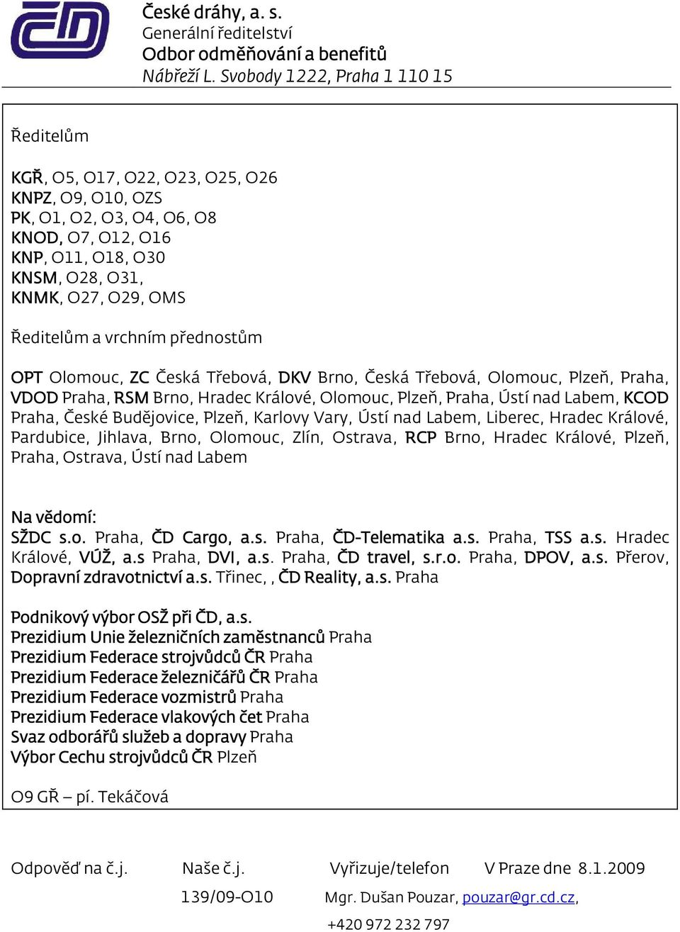 Ředitelům a vrchním přednostům OPT Olomouc, ZC Česká Třebová, DKV Brno, Česká Třebová, Olomouc, Plzeň, Praha, VDOD Praha, RSM Brno, Hradec Králové, Olomouc, Plzeň, Praha, Ústí nad Labem, KCOD Praha,