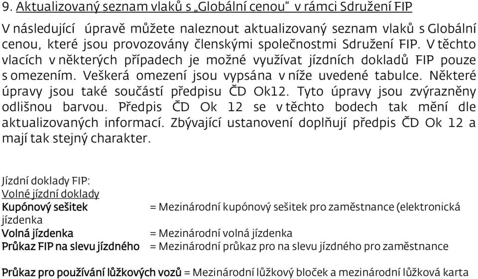 Některé úpravy jsou také součástí předpisu ČD Ok12. Tyto úpravy jsou zvýrazněny odlišnou barvou. Předpis ČD Ok 12 se v těchto bodech tak mění dle aktualizovaných informací.