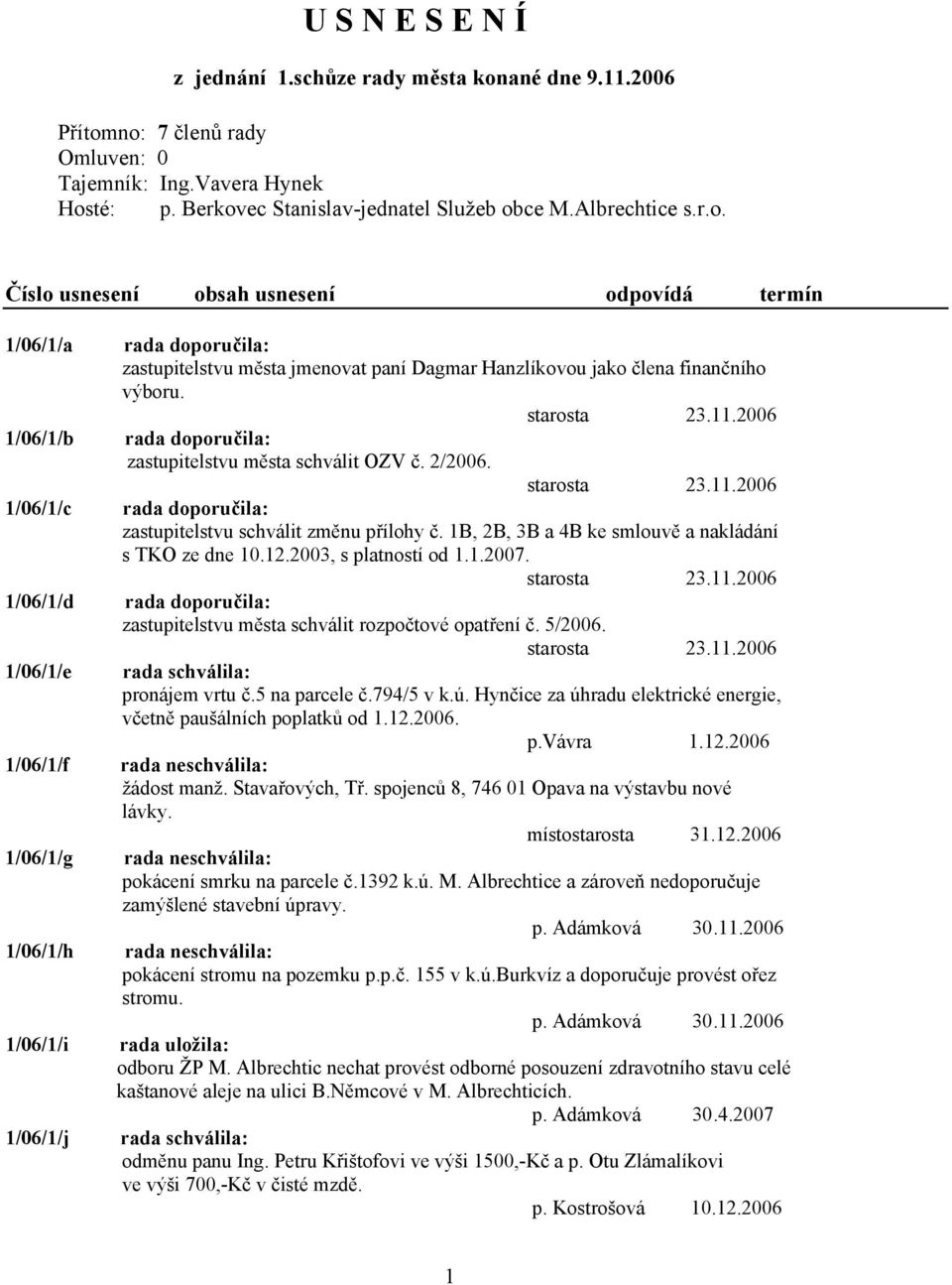 no: 7 členů rady Omluven: 0 Tajemník: Ing.Vavera Hynek Hosté: p. Berkovec Stanislav-jednatel Služeb obce M.Albrechtice s.r.o. Číslo usnesení obsah usnesení odpovídá termín 1/06/1/a 1/06/1/b 1/06/1/c