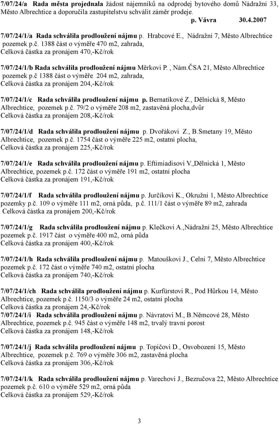 ČSA 21, Město Albrechtice pozemek p.č 1388 část o výměře 204 m2, zahrada, Celková částka za pronájem 204,-Kč/rok 7/07/24/1/c Rada schválila prodloužení nájmu p. Bernatíkové Z.