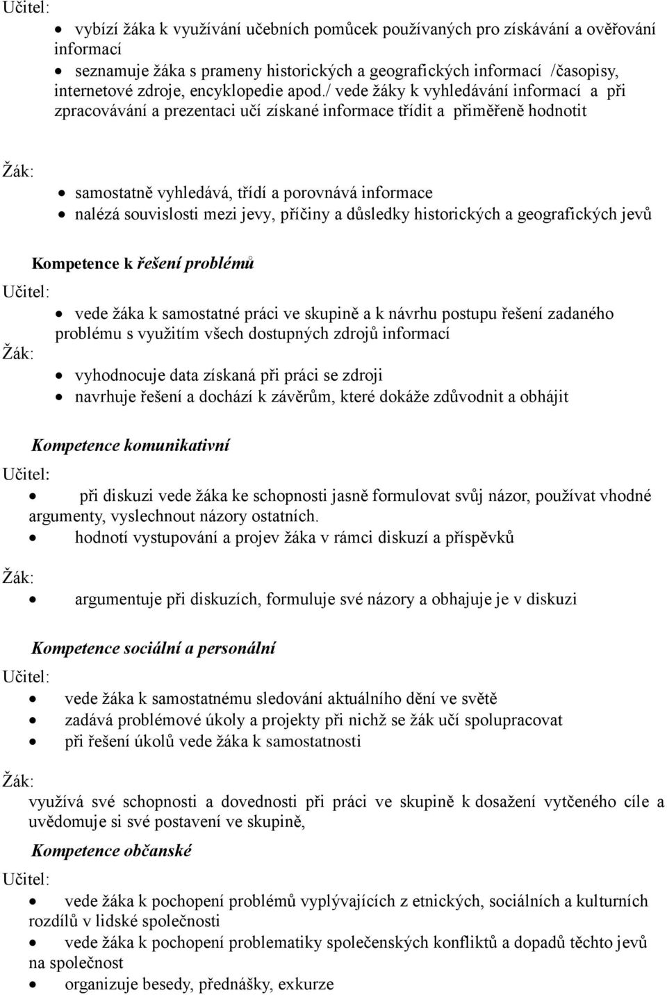 jevy, příčiny a důsledky historických a geografických jevů Kompetence k řešení problémů vede žáka k samostatné práci ve skupině a k návrhu postupu řešení zadaného problému s využitím všech dostupných