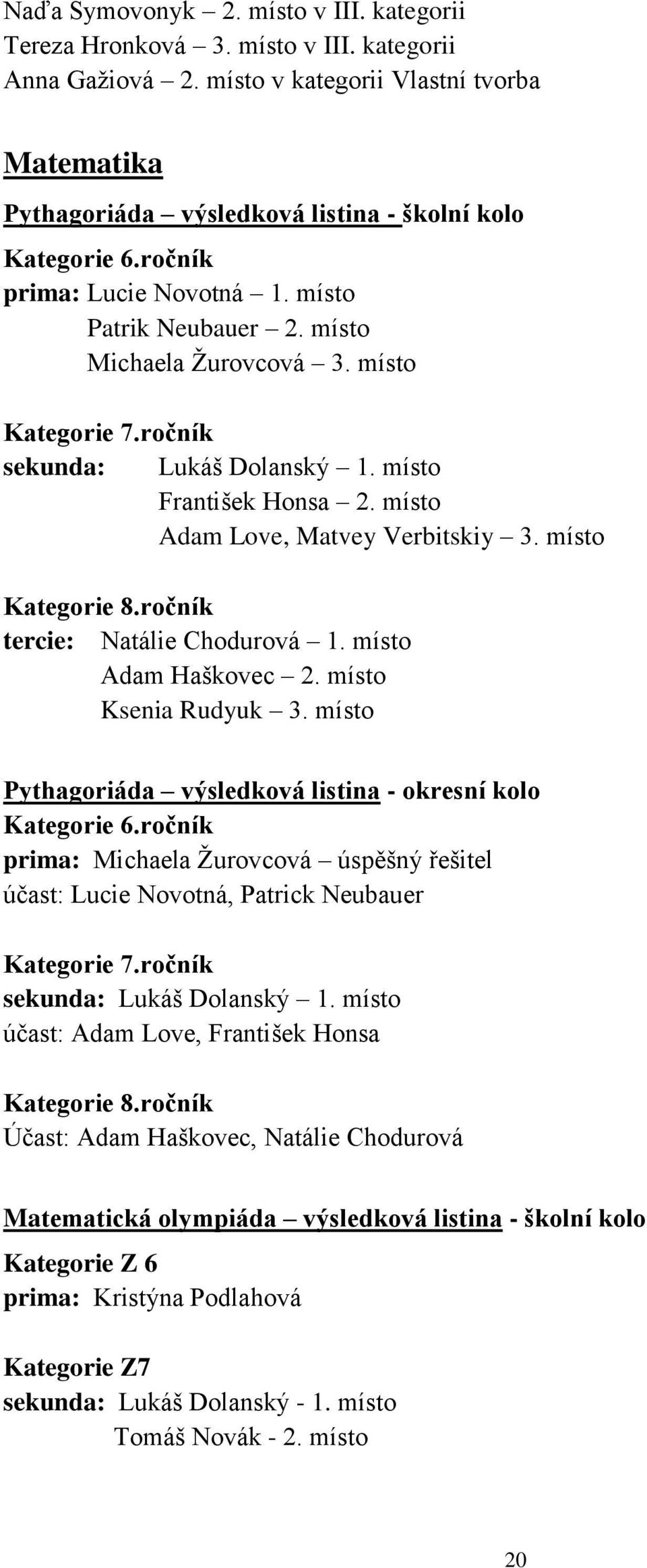 místo Kategorie 7.ročník sekunda: Lukáš Dolanský 1. místo František Honsa 2. místo Adam Love, Matvey Verbitskiy 3. místo Kategorie 8.ročník tercie: Natálie Chodurová 1. místo Adam Haškovec 2.