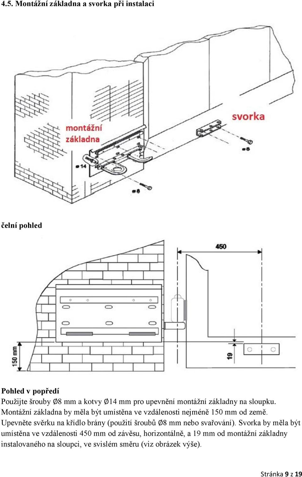 Upevněte svěrku na křídlo brány (použití šroubů 8 mm nebo svařování).