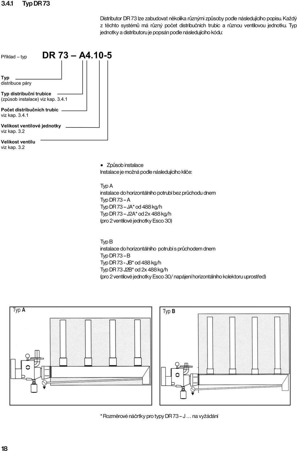Typ jednotky a distributoru je popsán podle následujícího kódu: x Způsob instalace Instalace je možná podle následujícího klíče: Typ A instalace do horizontálního potrubí bez průchodu