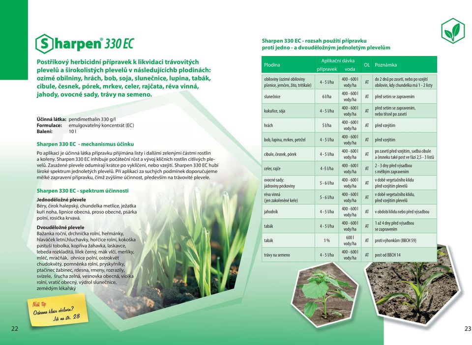 Účinná látka: pendimethalin 330 g/l Formulace: emulgovatelný koncentrát (EC) Balení: 10 l Sharpen 330 EC - mechanismus účinku Po aplikaci je účinná látka přípravku přijímána listy i dalšími zelenými