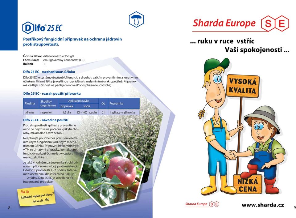 kurativním účinkem. Účinná látka je rostlinou rozváděna translaminárně a akropetálně. Přípravek má vedlejší účinnost na padlí jabloňové (Podosphaera leucotricha).