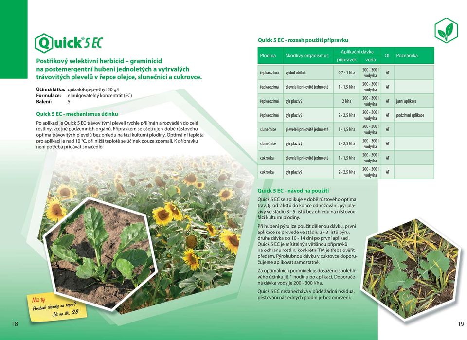 l/ha řepka ozimá pýr plazivý 2 l/ha 200-300 l 200-300 l 200-300 l jarní aplikace Quick 5 EC - mechanismus účinku Po aplikaci je Quick 5 EC trávovitými pleveli rychle přijímán a rozváděn do celé