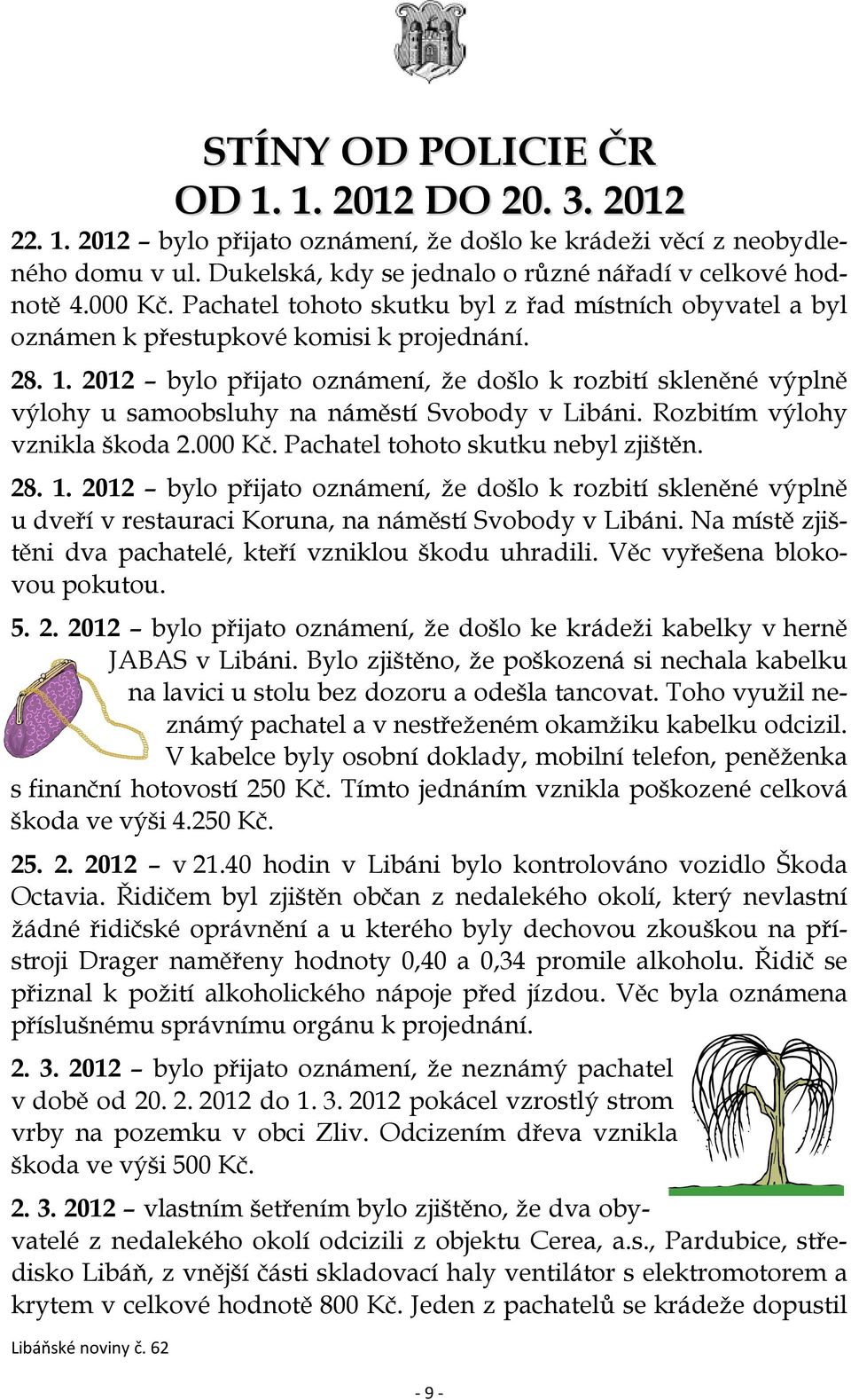 2012 bylo přijato oznámení, že došlo k rozbití skleněné výplně výlohy u samoobsluhy na náměstí Svobody v Libáni. Rozbitím výlohy vznikla škoda 2.000 Kč. Pachatel tohoto skutku nebyl zjištěn. 28. 1.