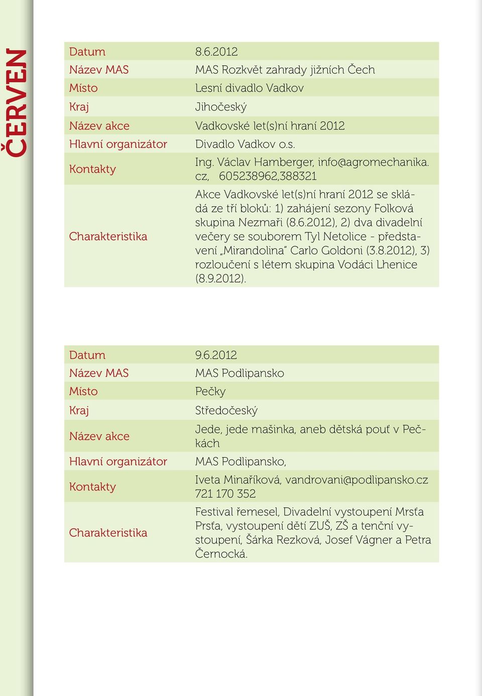 8.2012), 3) rozloučení s létem skupina Vodáci Lhenice (8.9.2012). Datum 9.6.