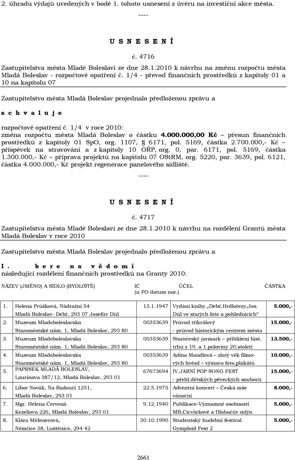 000,00 Kč přesun finančních prostředků z kapitoly 01 SpO, org. 1107, 6171, pol. 5169, částka 2.700.000,- Kč příspěvek na stravování a z kapitoly 10 OŘP, org. 0, par. 6171, pol. 5169, částka 1.300.