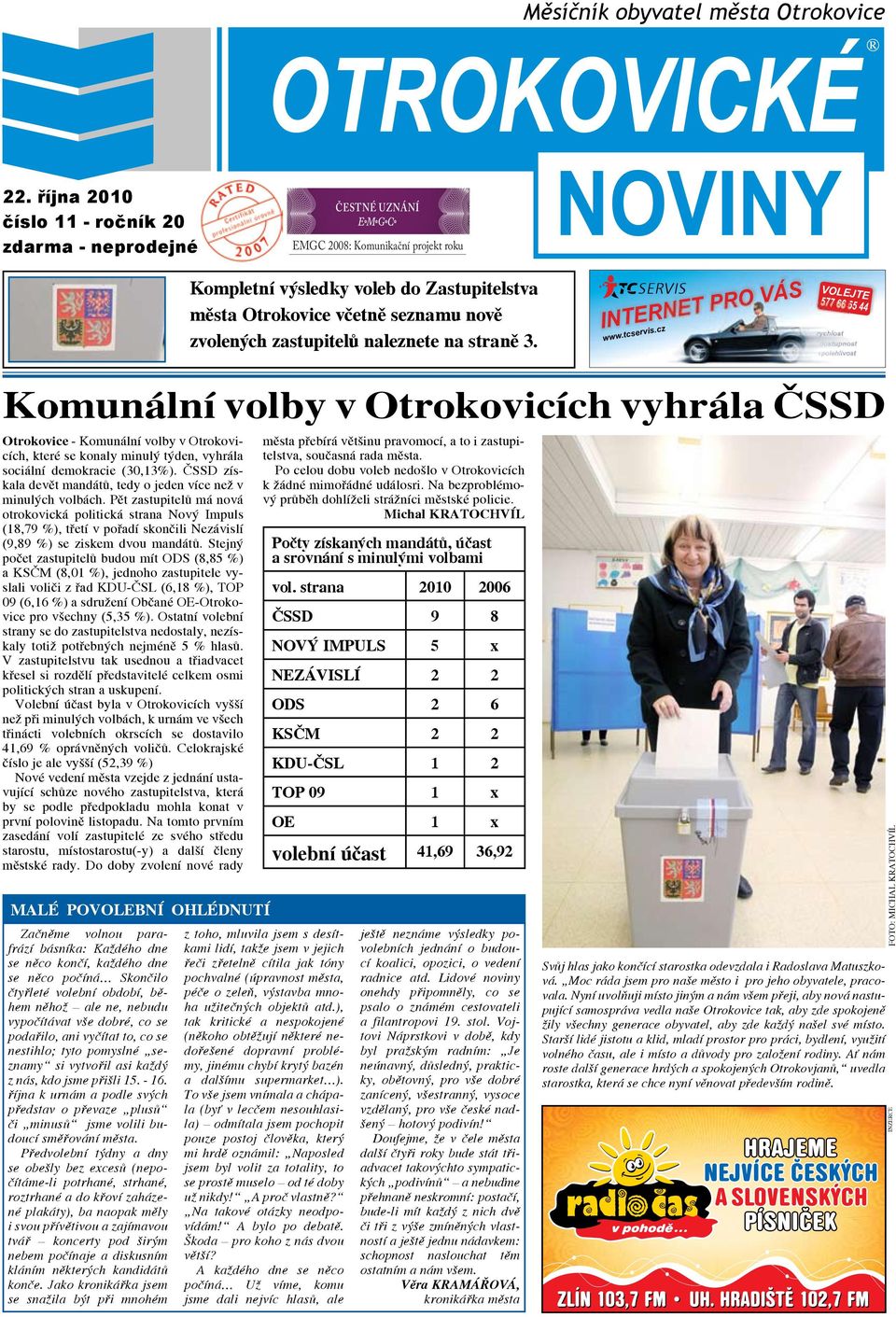 října 2010 číslo 11 - ročník 20 zdarma - neprodejné ČESTNÉ UZNÁNÍ EMGC 2008: Komunikační projekt roku EMGC 2008: Komunikační projekt roku Město Otrokovice Městovoleb Otrokovice Kompletní výsledky do